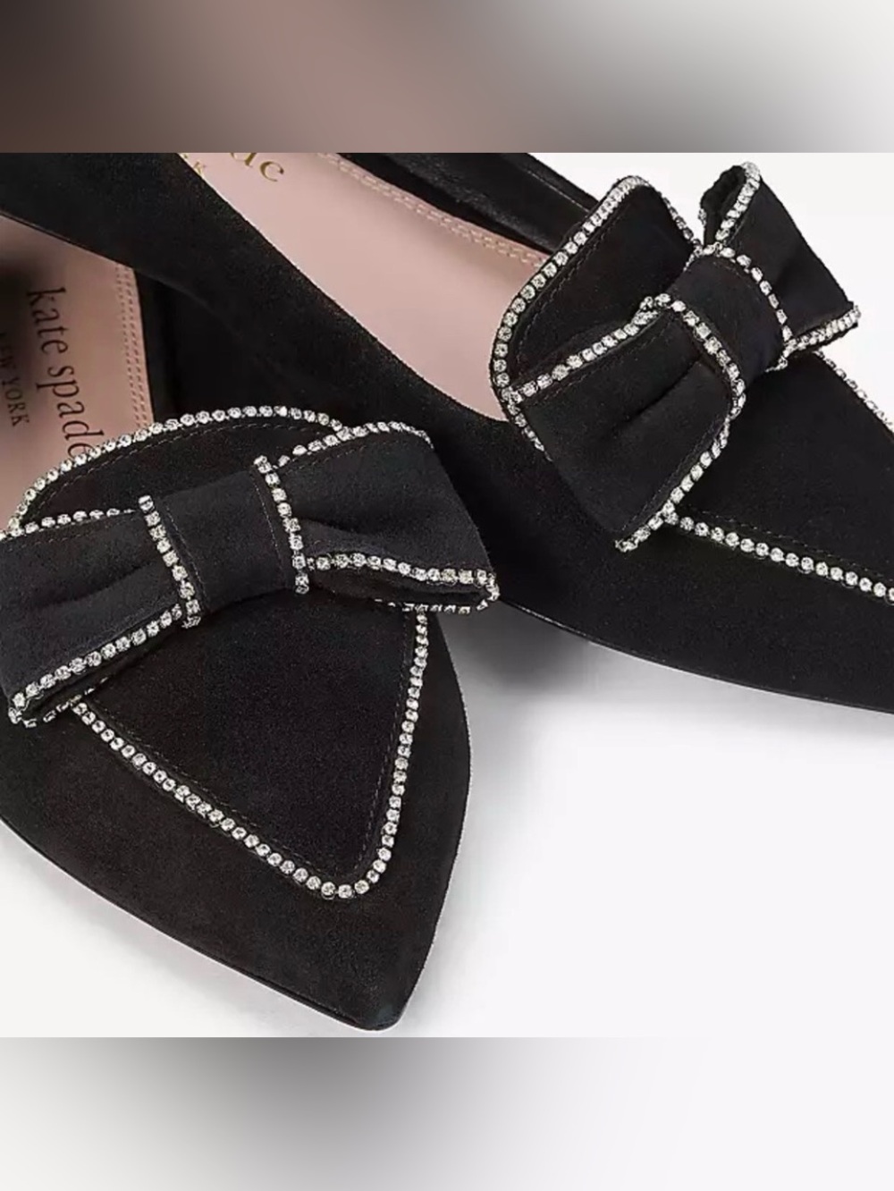 Kate Spade Black Suede Be Dazzled Flats with Crystal-Trim Bow